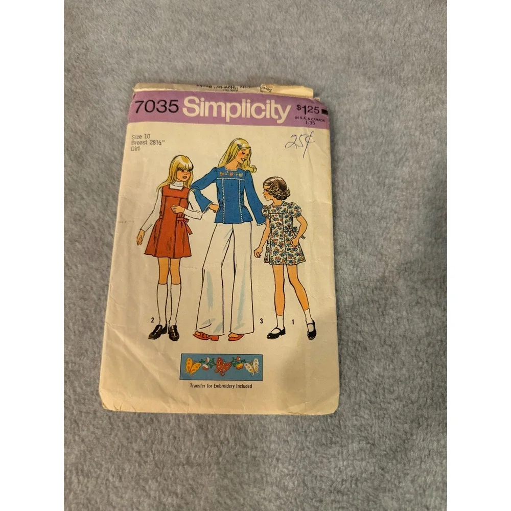 Simplicity 7035 Vintage 1970s Girls Dress Jumper Top Sewing Pattern Size 10 Boho